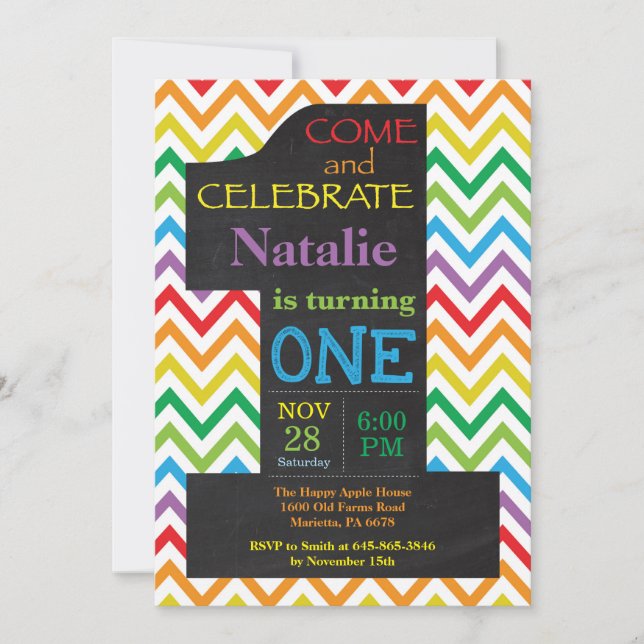 1st Birthday Rainbow Chalkboard Invitation (Front)