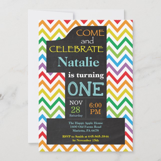 1st Birthday Rainbow Chalkboard Invitation (Front)