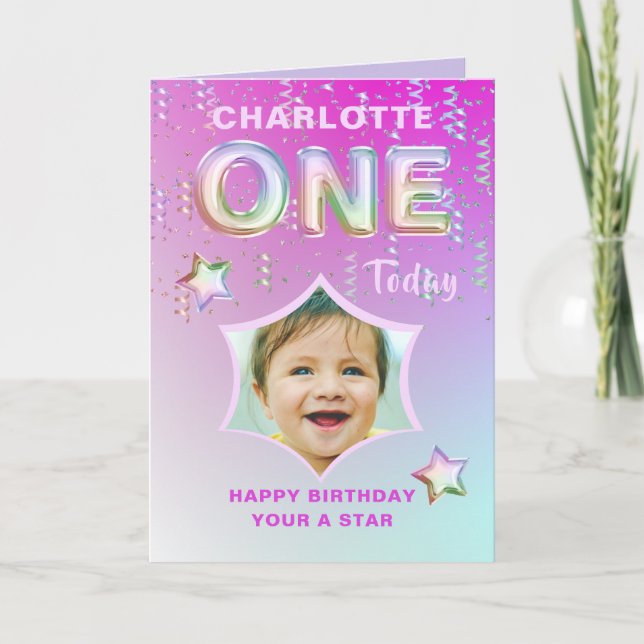 1st Birthday  Rainbow Glitter Photo Happy Birthday Card (Front)