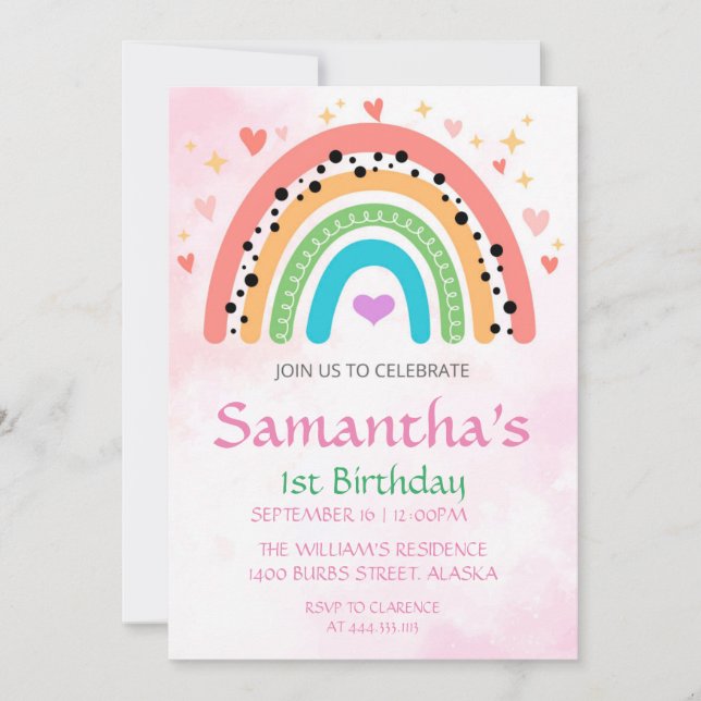 1st Birthday Rainbow Hearts Girly  Invitation (Front)