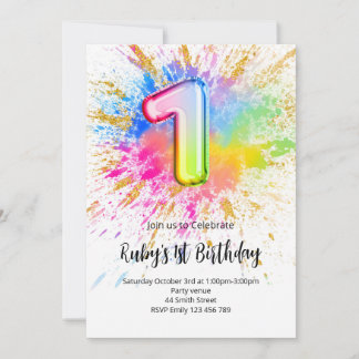 1st Birthday Rainbow Paint Splash Invitation