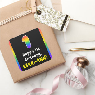 1st Birthday: Rainbow Spectrum # 1, Custom Name Square Sticker