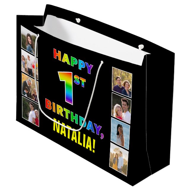1st Birthday: Rainbow Text, Custom Photos & Name Large Gift Bag (Front Angled)