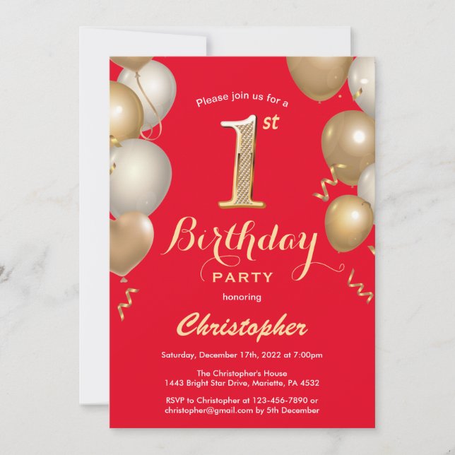 1st Birthday Red and Gold Balloons Confetti Invitation (Front)