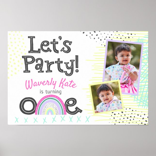 1st Birthday Retro 90's Rainbow ONE Welcome Sign (Front)