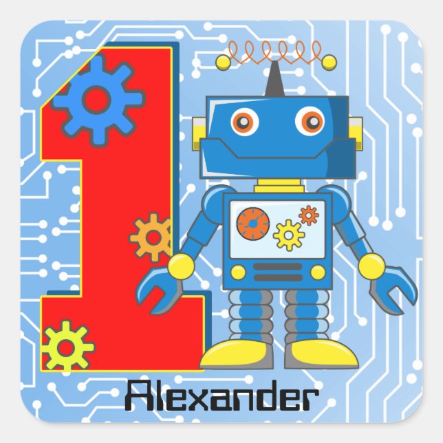1st Birthday Robot Custom Square Sticker (Front)
