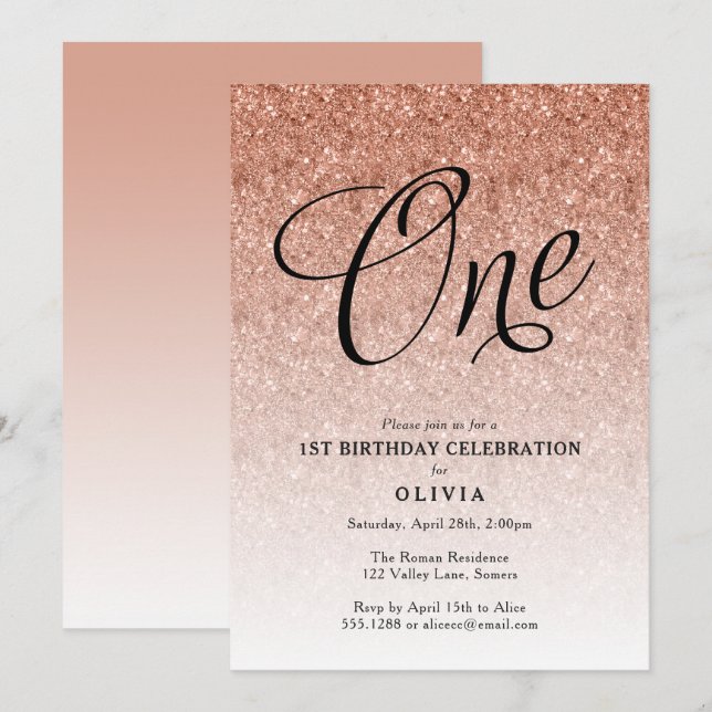 1st Birthday Rose Gold Ombre Glitter Invitation (Front/Back)