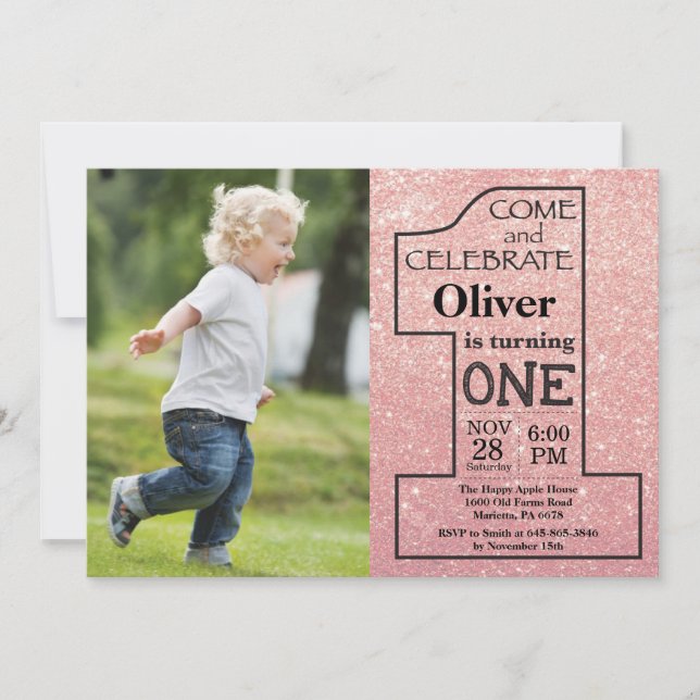 1st Birthday Rose Gold Pink Glitter Photo Invitation (Front)