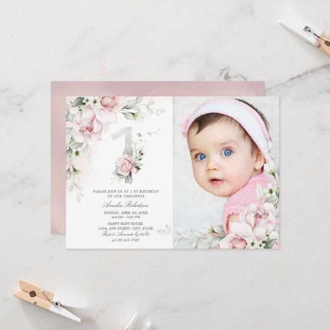 1st Birthday | Roses Floral Girls Invitation (Front/Back In Situ)