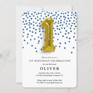 1st Birthday Royal Blue Confetti and Gold Balloon Invitation
