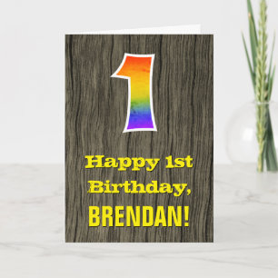 1st Birthday: Rustic Faux Wood Look, Rainbow "1" Card