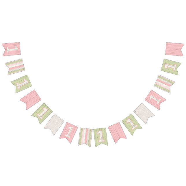 1st Birthday Rustic Sage Green & Pink Floral Wood Bunting (All)