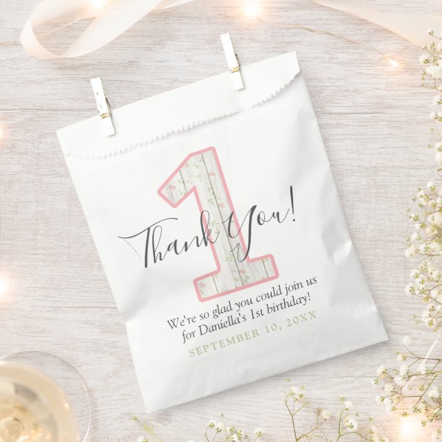 1st Birthday Rustic Shabby Chic Pink Floral Party Favour Bags (Clipped)