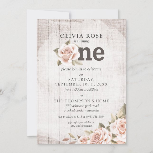 1st Birthday Rustic Wood Shabby Chic Roses Floral Invitation (Front)