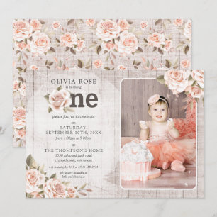 1st Birthday Rustic Wood Shabby Chic Roses Photo Invitation