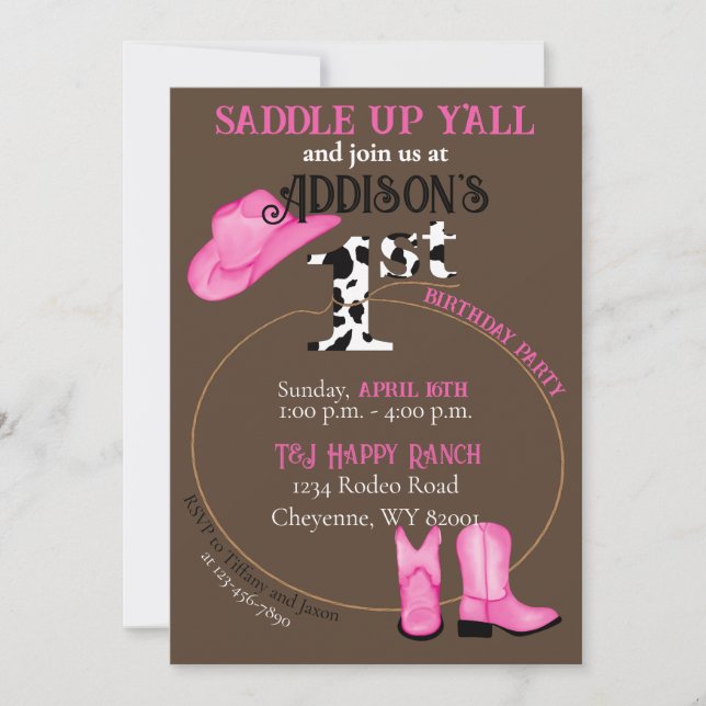 1st Birthday Saddle Up Cowgirl Boots Hat and Lasso Invitation (Front)