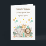 1st Birthday Safari Animals Twin Birthday Card<br><div class="desc">This 1st birthday card is suitable for twins or a single child. The design includes the number 1 in green,  watercolour safari elephant,  giraffe and lion,  party balloons,  hats and gifts.</div>