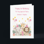 1st Birthday Safari Animals Twin Girls Card<br><div class="desc">This 1st birthday card is suitable for twin girls or a single girl. The design includes the number 1 in pink,  watercolour safari elephant,  giraffe and lion,  party balloons,  gifts and hats.</div>