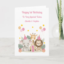 1st Birthday Safari Animals Twin Girls Card