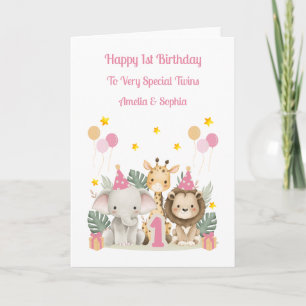 1st Birthday Safari Animals Twin Girls Card