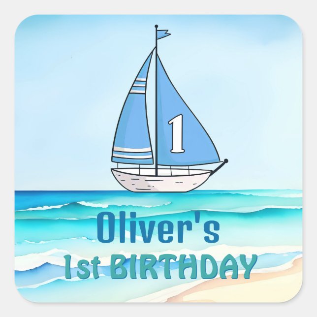 1st Birthday Sailing Boat Square Sticker (Front)