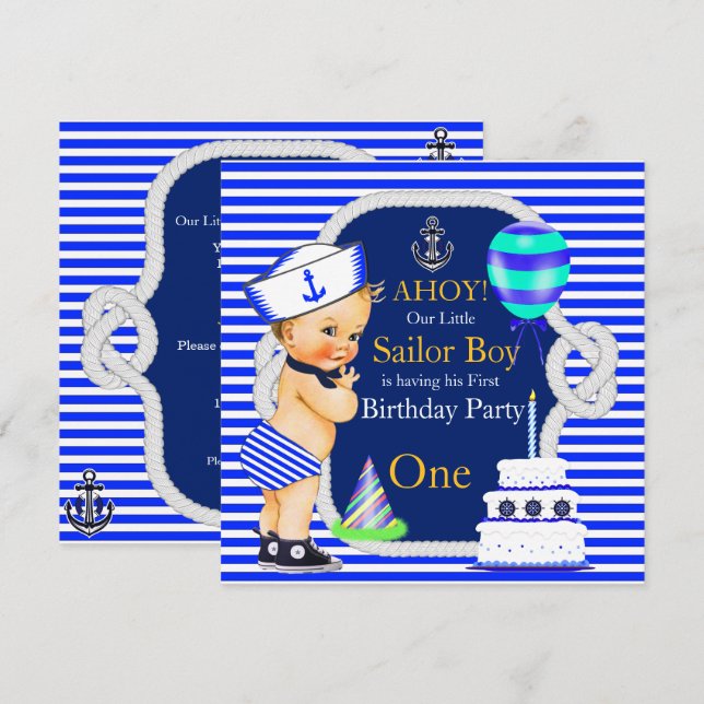 1st Birthday Sailor Boy Navy Blue Stripe Blonde Invitation (Front/Back)
