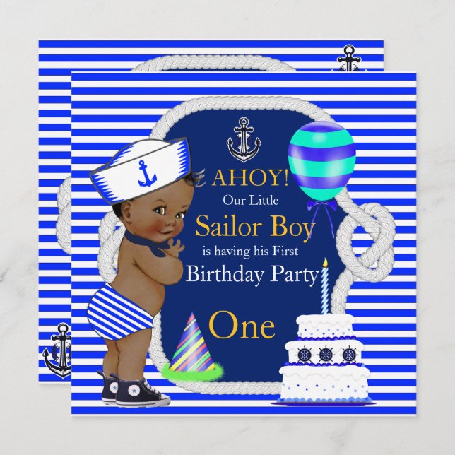 1st Birthday Sailor Boy Navy Blue Stripe Ethnic Invitation (Front/Back)