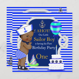 1st Birthday Sailor Boy Navy Blue Stripe Ethnic Invitation