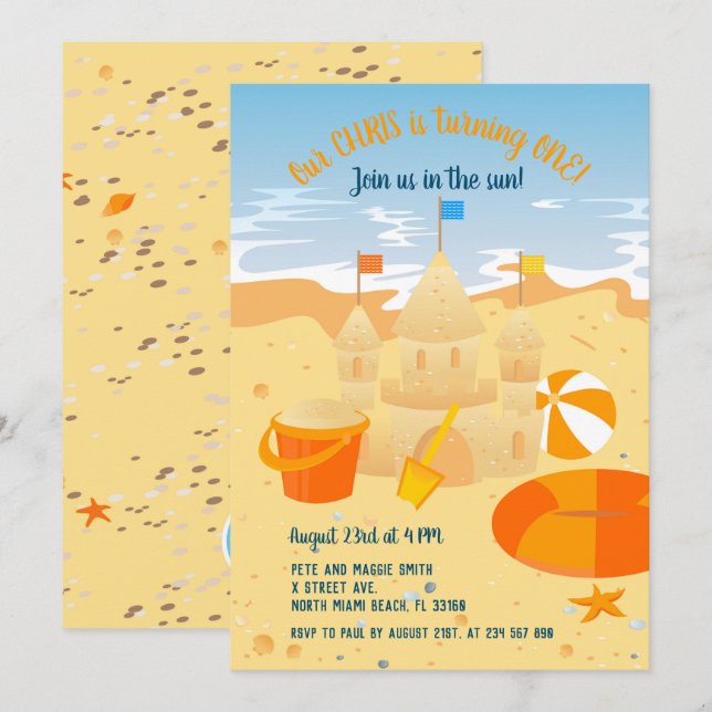 1st birthday sand castle and beach fun party  invitation (Front/Back)