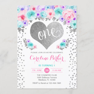 1st Birthday - Silver Heart Teal Purple Pink Invitation