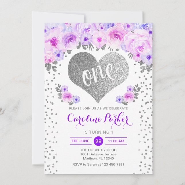 1st Birthday - Silver Heart White Purple Floral Invitation (Front)