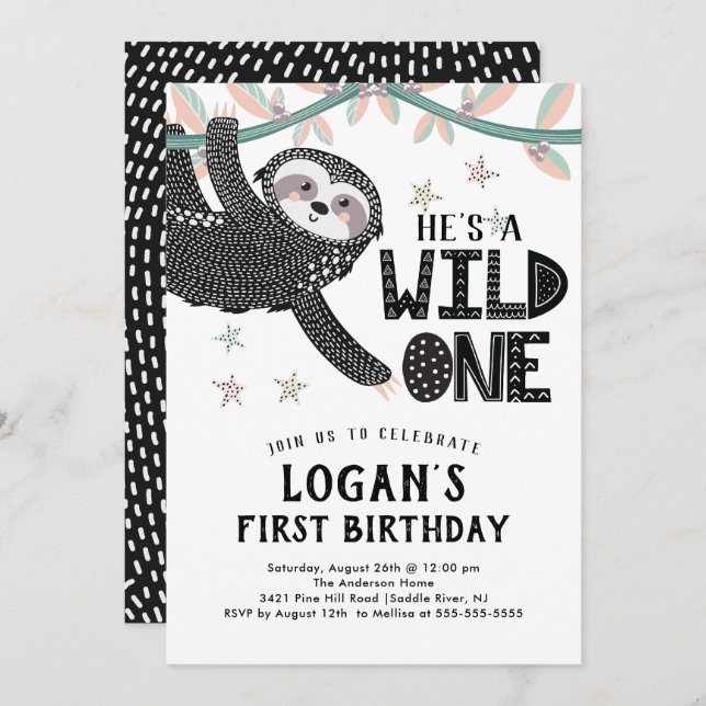 1st Birthday Sloth Birthday Invitation (Front/Back)