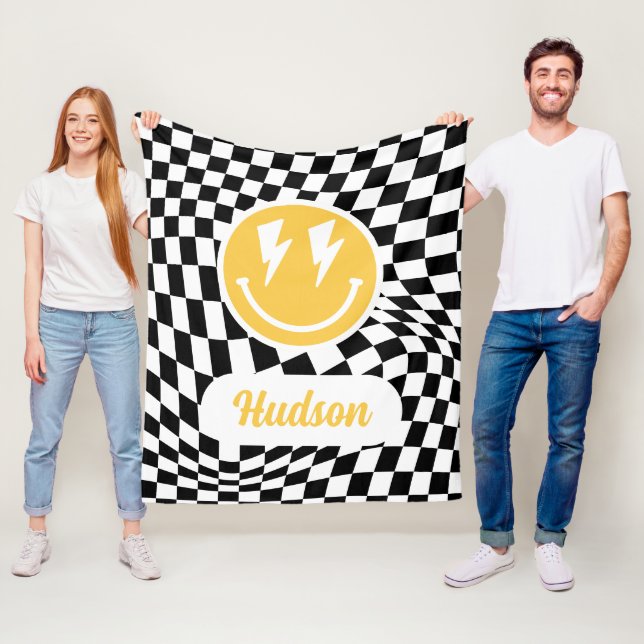 1st birthday smile face retro black white groovy fleece blanket (In Situ)