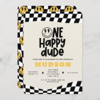 1st birthday smile face retro black white groovy