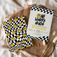 1st birthday smile face retro black white groovy