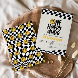 1st birthday smile face retro black white groovy invitation