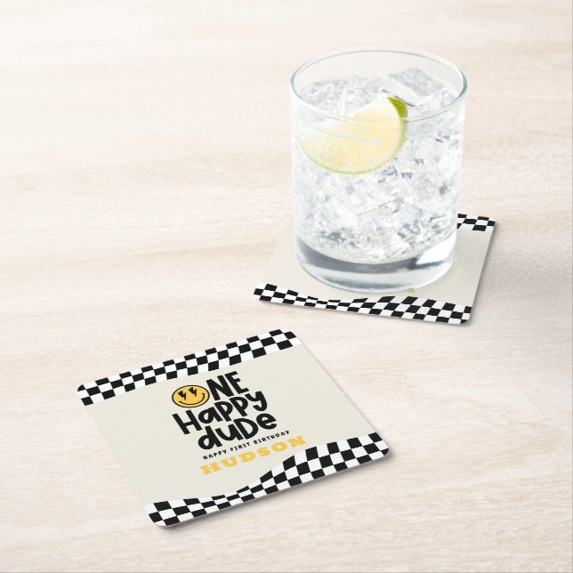 1st birthday smile face retro black white groovy square paper coaster (Insitu)