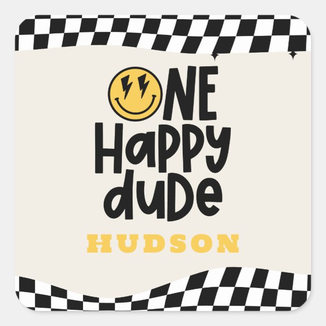 1st birthday smile face retro black white groovy square sticker (Front)