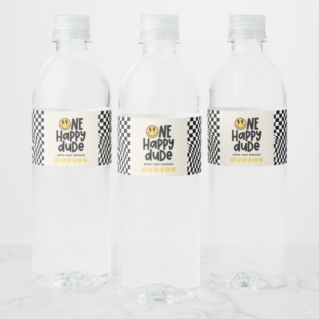 1st birthday smile face retro black white groovy water bottle label (Bottles)
