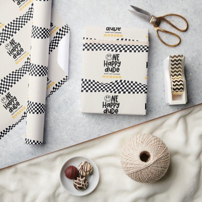 1st birthday smile face retro black white groovy wrapping paper (Crafts)