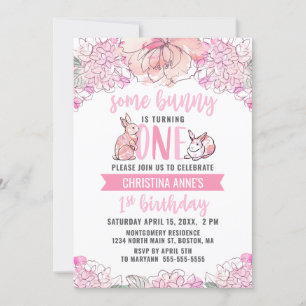 1st Birthday Some Bunny Pink Watercolor Floral  Invitation