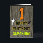 1st Birthday: Spooky Halloween Theme   Custom Name Card<br><div class="desc">The front of this spooky and scary Hallowe'en birthday themed greeting card design features a large number "1". It also features the message "HAPPY BIRTHDAY, ", and a custom name. There are also depictions of a ghost and a bat on the front. The inside features a custom birthday greeting message,...</div>