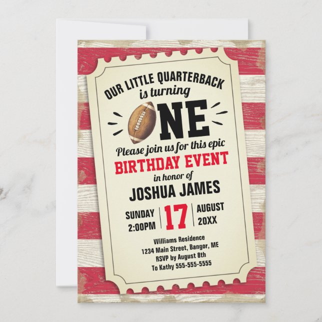 1st Birthday Sports Football Ticket Rustic Red Invitation (Front)