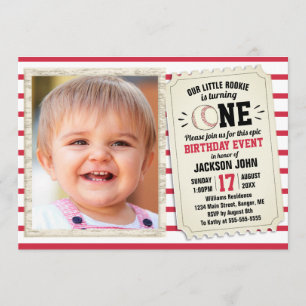 1st Birthday Sports Photo Baseball Rookie Red Invitation