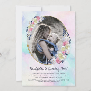 1st Birthday Spring Pink Blue Floral Girl Photo Invitation