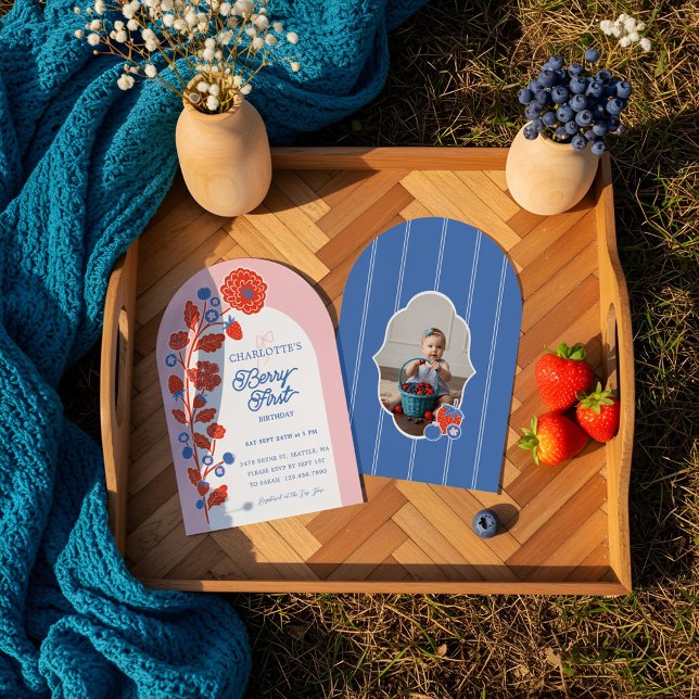 1st Birthday Strawberry Berry First Birthday Photo Invitation (1st Birthday Strawberry Berry First Birthday Photo Invitation)