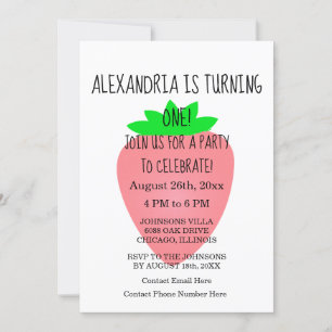 1st Birthday Strawberry Pink Baby Girl Custom Age Invitation