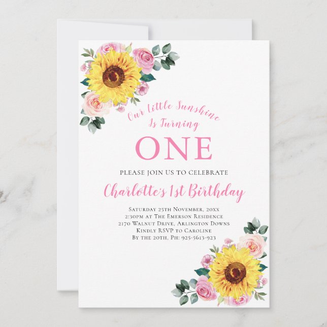 1st Birthday Sunflower Pink Floral One Invitation (Front)
