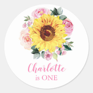 1st Birthday Sunflower Pink Floral Personalised Classic Round Sticker