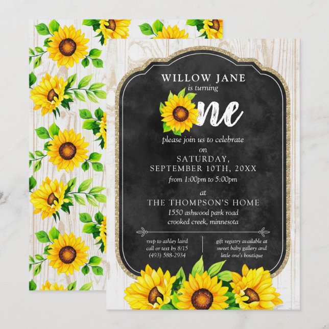 1st Birthday Sunflower & Rustic Wood Country Farm Invitation (Front/Back)